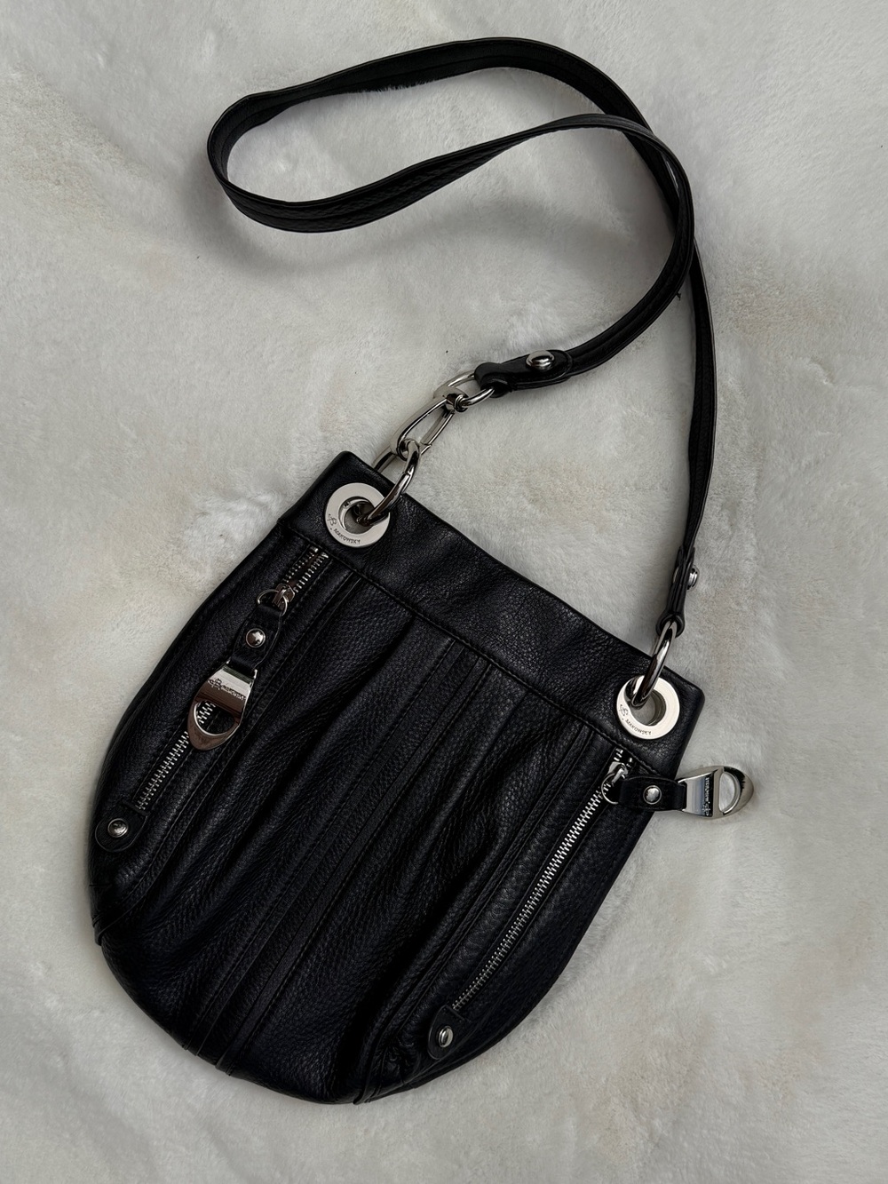 B. Makowsky Black Leather Crossbody Bag with Silver Hardware